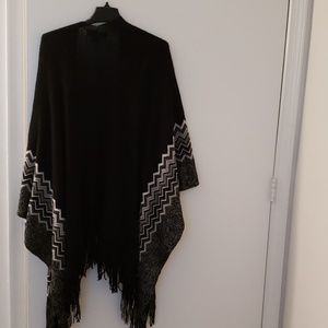 Black cardigan sweater with gray and white stripes